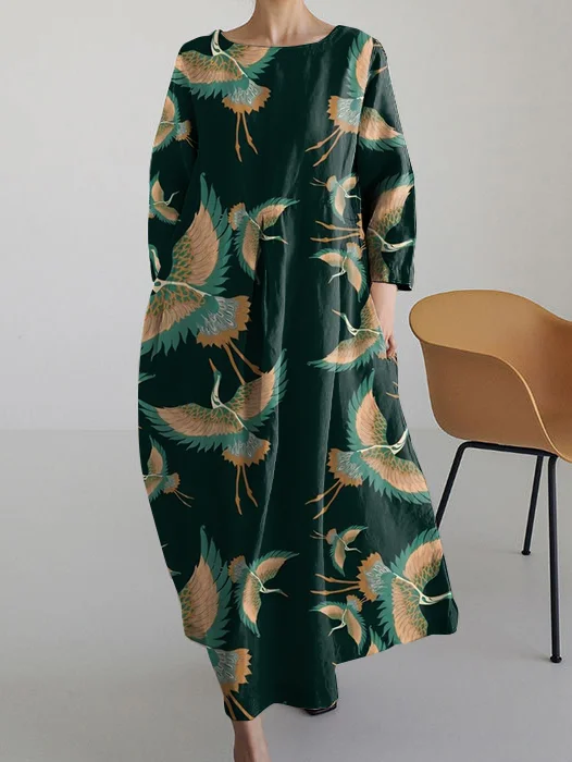 Retro Crane Japanese Art Round Neck Long Sleeve Dress