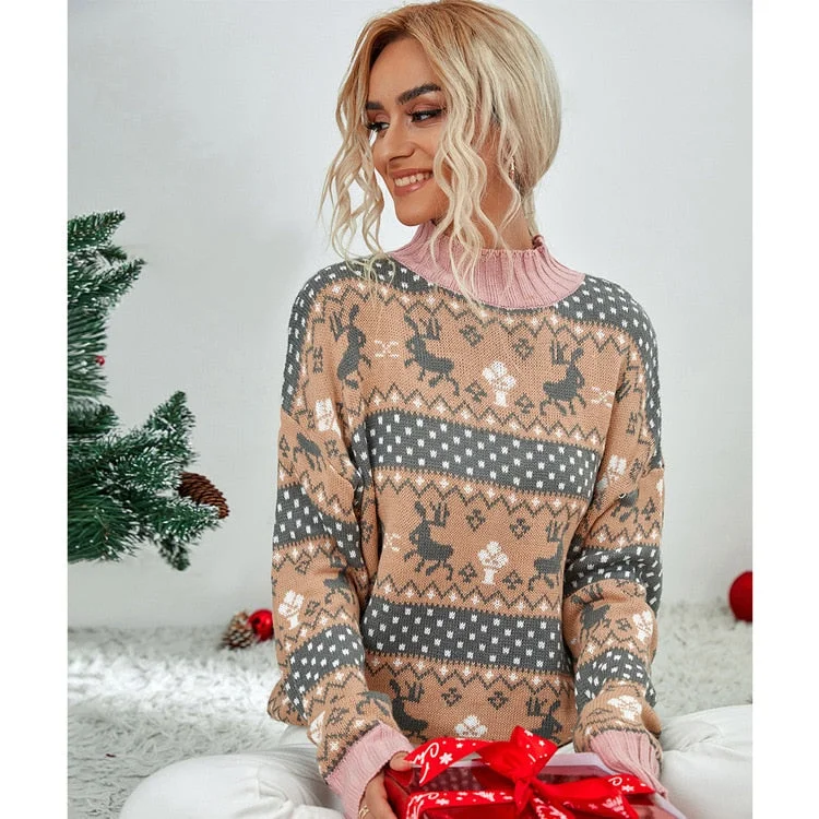 Vintage Christmas Sweaters Women Winter Loose Half High Collar Reindeer Knitted Pullover Warm Snowflake Elk Print Sweater