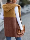 Color Block Hooded Teddy Vest, Casual Open Front Sleeveless Vest, Women's Clothing