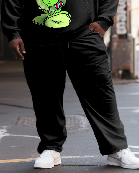 Men's Large Size Casual Hip Hop Black Funny Bear Hoodie Two Piece Set