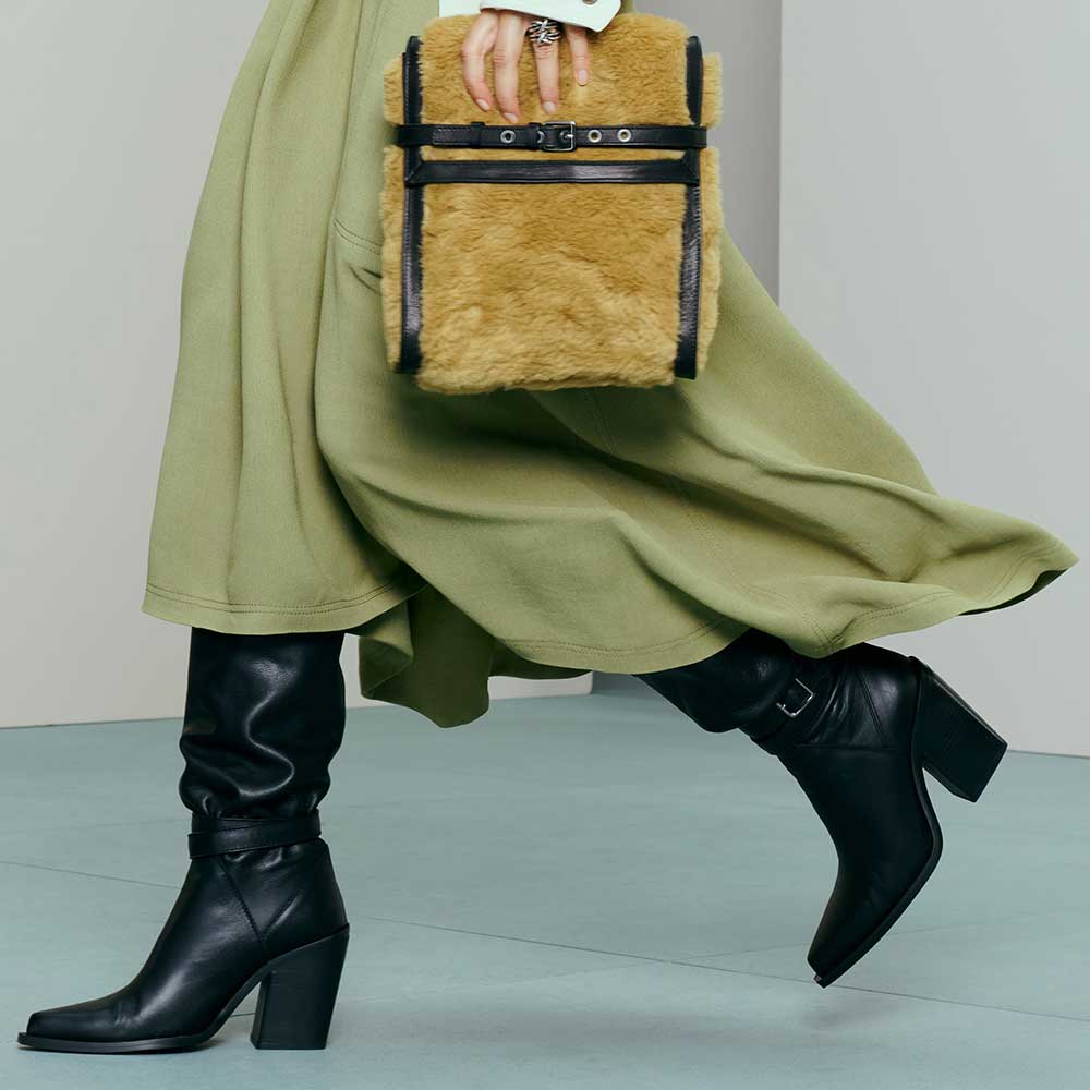 Black Vegan Leather Pointed Toe 3‘’ Chunky Heel Knee High Boots Nicepairs