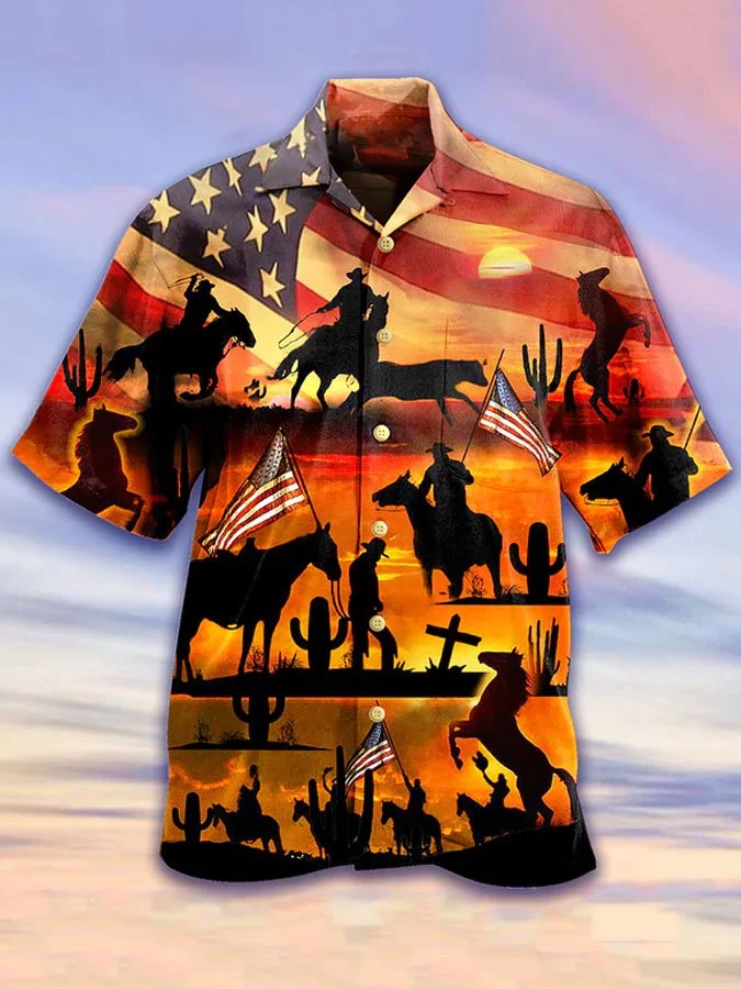 Men's Cowboy Sunset American Flag Day Themed Short Sleeve Hawaiian Shirt