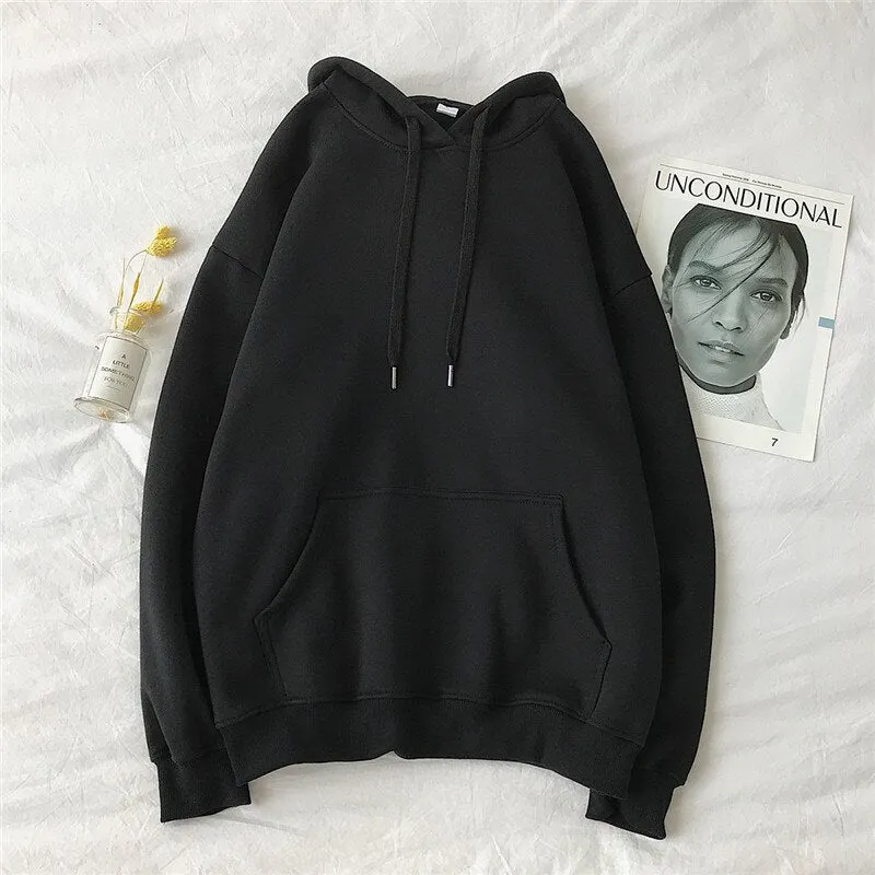 Solid Hoodies Women Autumn Long Sleeve Pocket Korean Oversized Hooded Sweatshirts Famale Casual Plus Velvet Hooded Pullovers Top