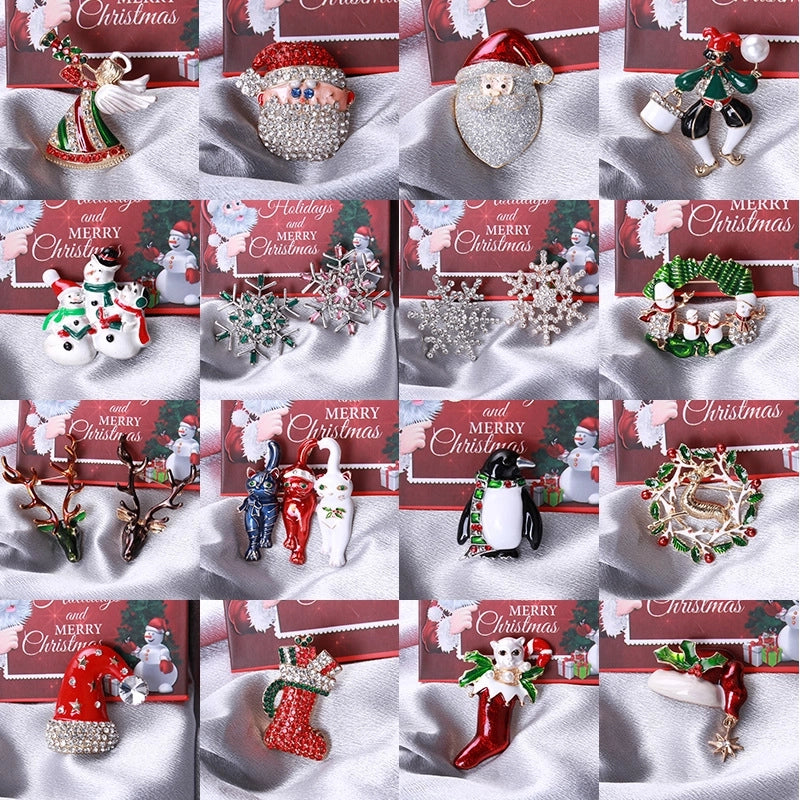 Cute Classic Style Pin Santa Claus Snowflake Elk Alloy Enamel Inlay Rhinestones Unisex Brooches