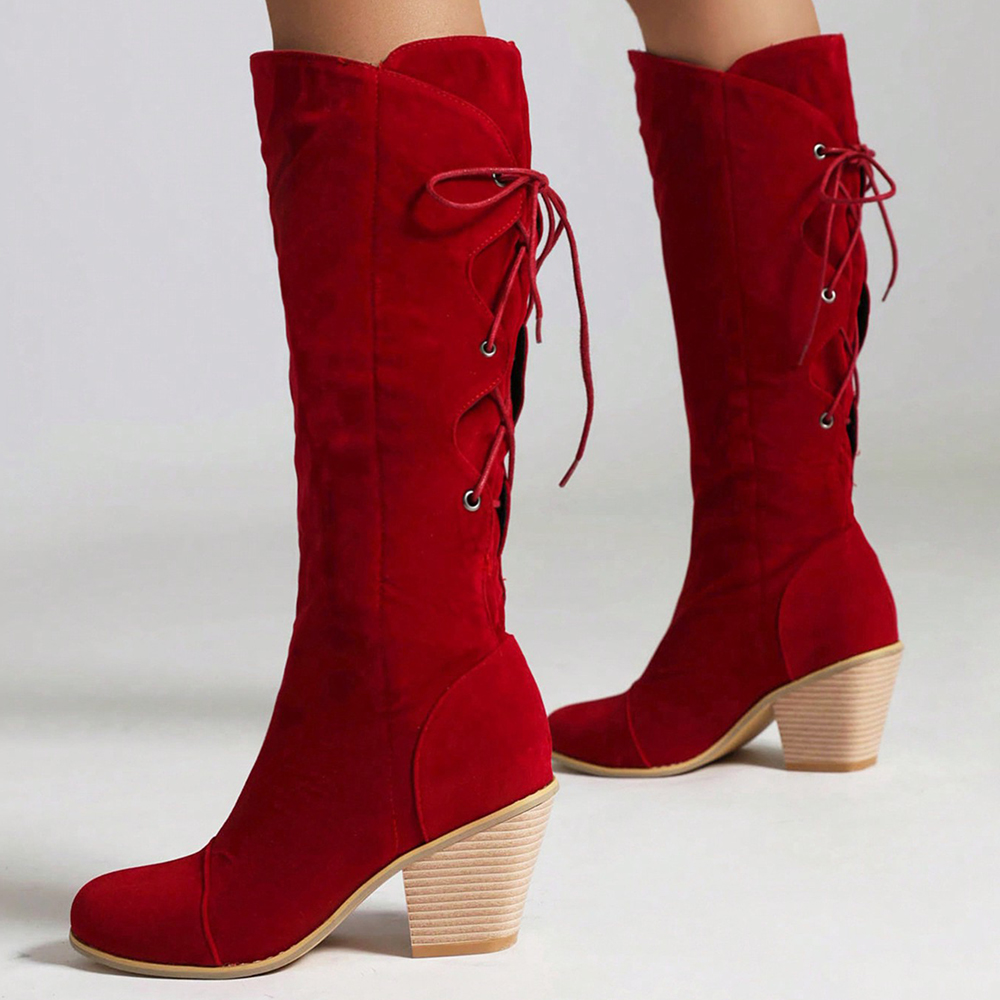 Red Vegan Suede Round Toe 3'' Chunky Heel Lace Up Knee-High Boots Nicepairs