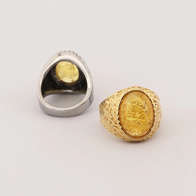 Jewelry Hip-Hop Oval 304 Stainless Steel Natural Stone 18K Gold Plated Inlay Rings