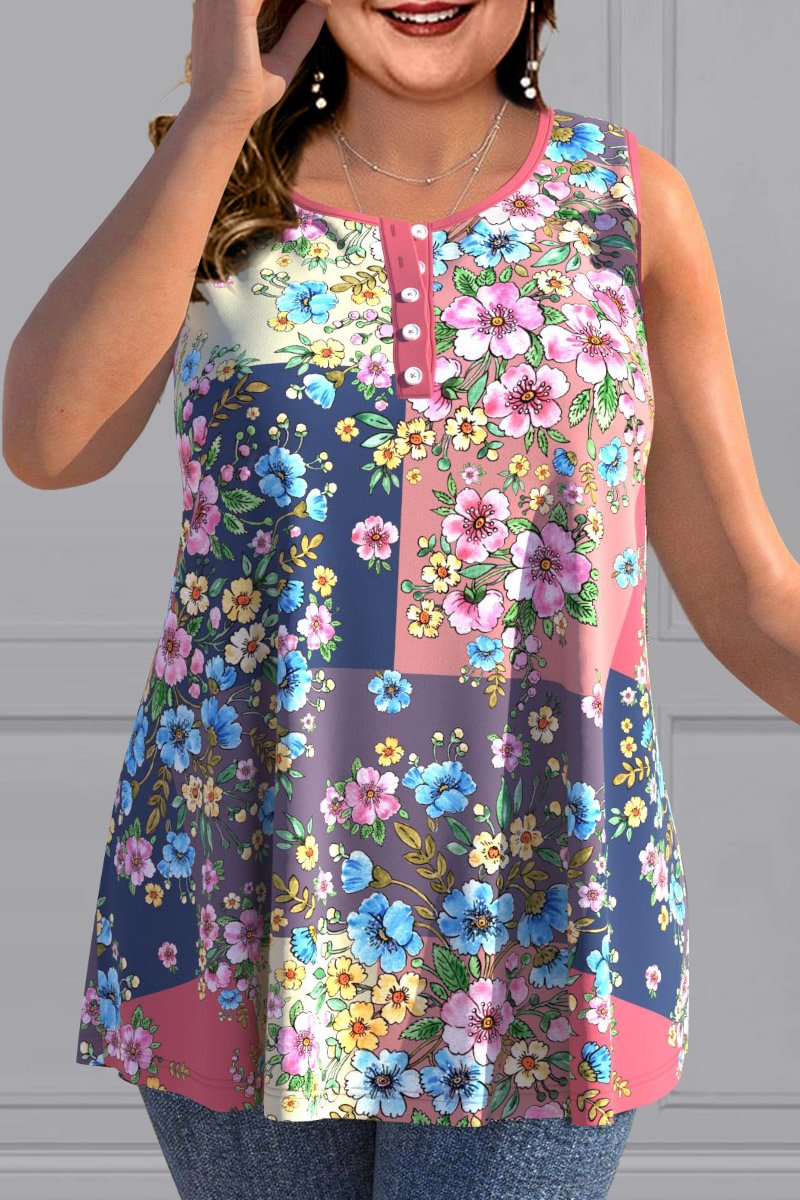 Plus Size Boat Neck Button Up Floral Print Sleeveless Tank Top