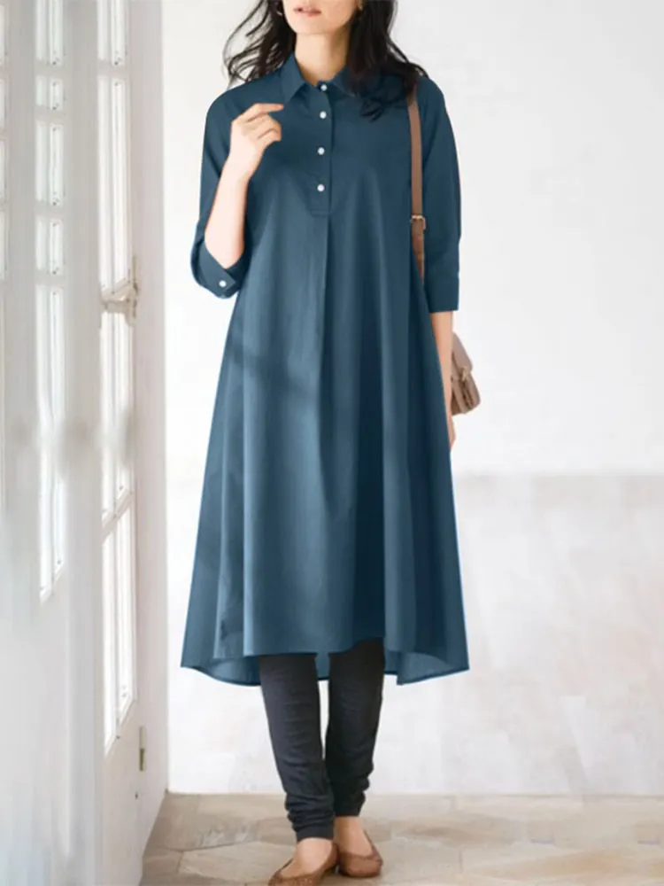 ZANZEA Women Summer Lapel Neck Half Sleeve Shirt Dress Casual Work OL Solid Loose Sundress Knee-length Vestidos Robe Oversized
