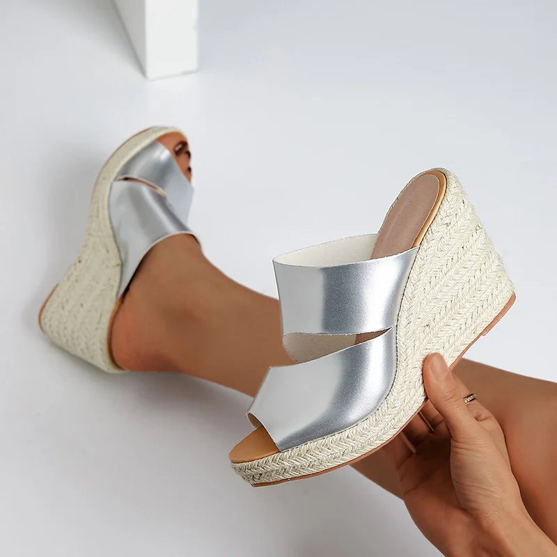 Wongn Wongn High Heel Thick Bottom Cool Slippers Female Dew Toe Grass Knitting Hemp Rope Bottom