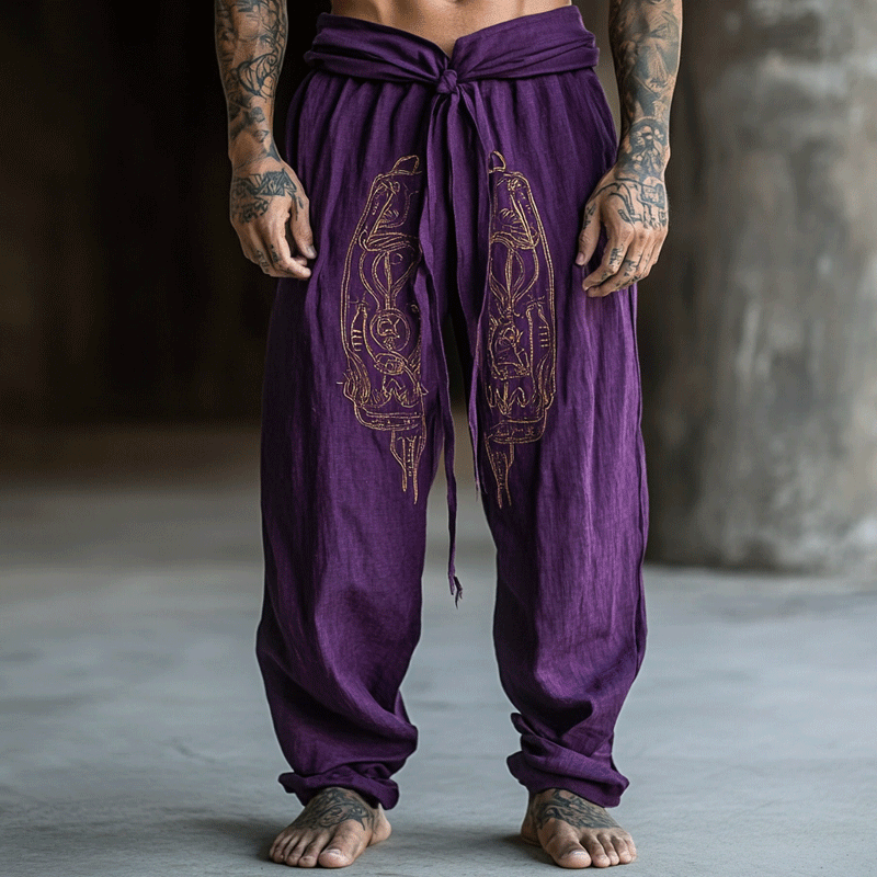 Men's Embroidery Pattern Casual Loose Drawstring Cotton Linen Harem Purple Pants-inspireuse