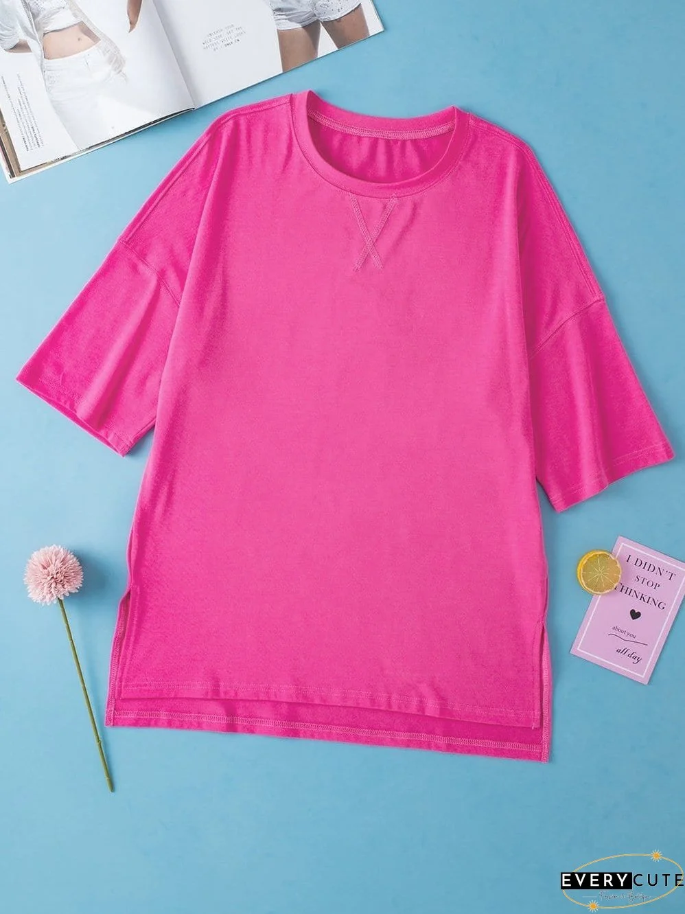 Crimson Red Extended Length Short Sleeve Slit Detail Drop Shoulder Blouse