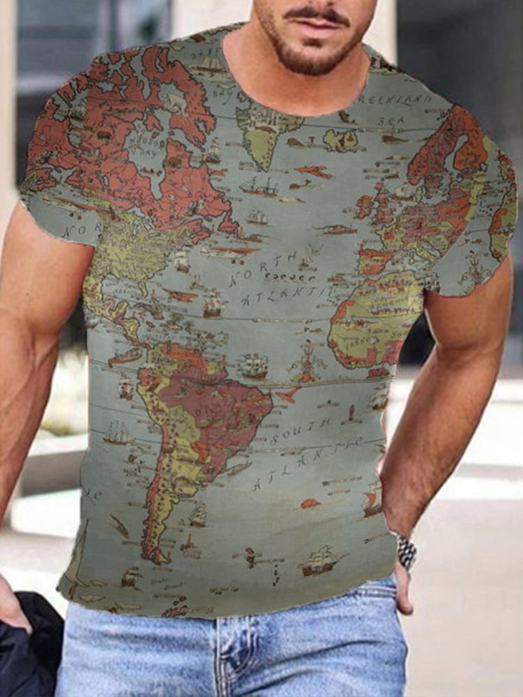 Men's Round Neck Slim T-shirt Personalized Map Print Short Sleeve