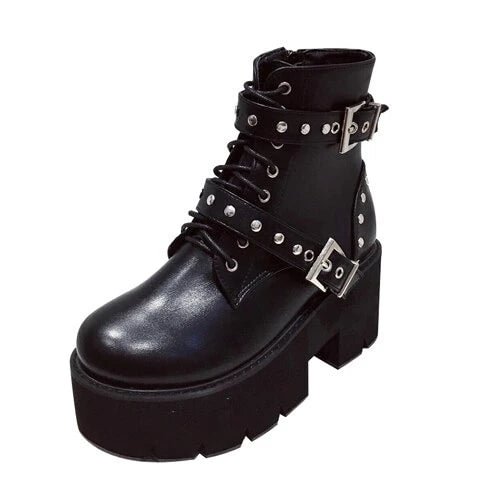 Studded Buckles Lace Up Platform Boots