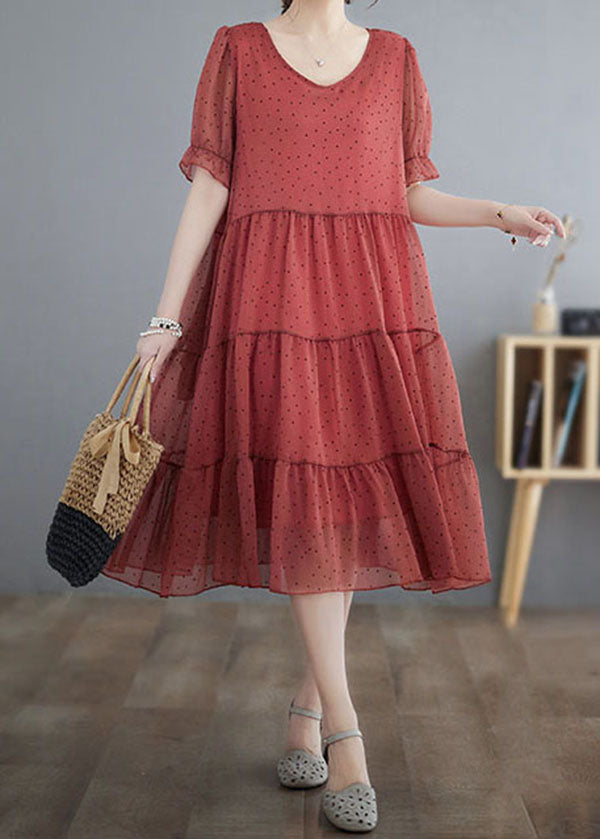 VCSHOES Red V Neck Dot Print Patchwork Chiffon Dresses Summer