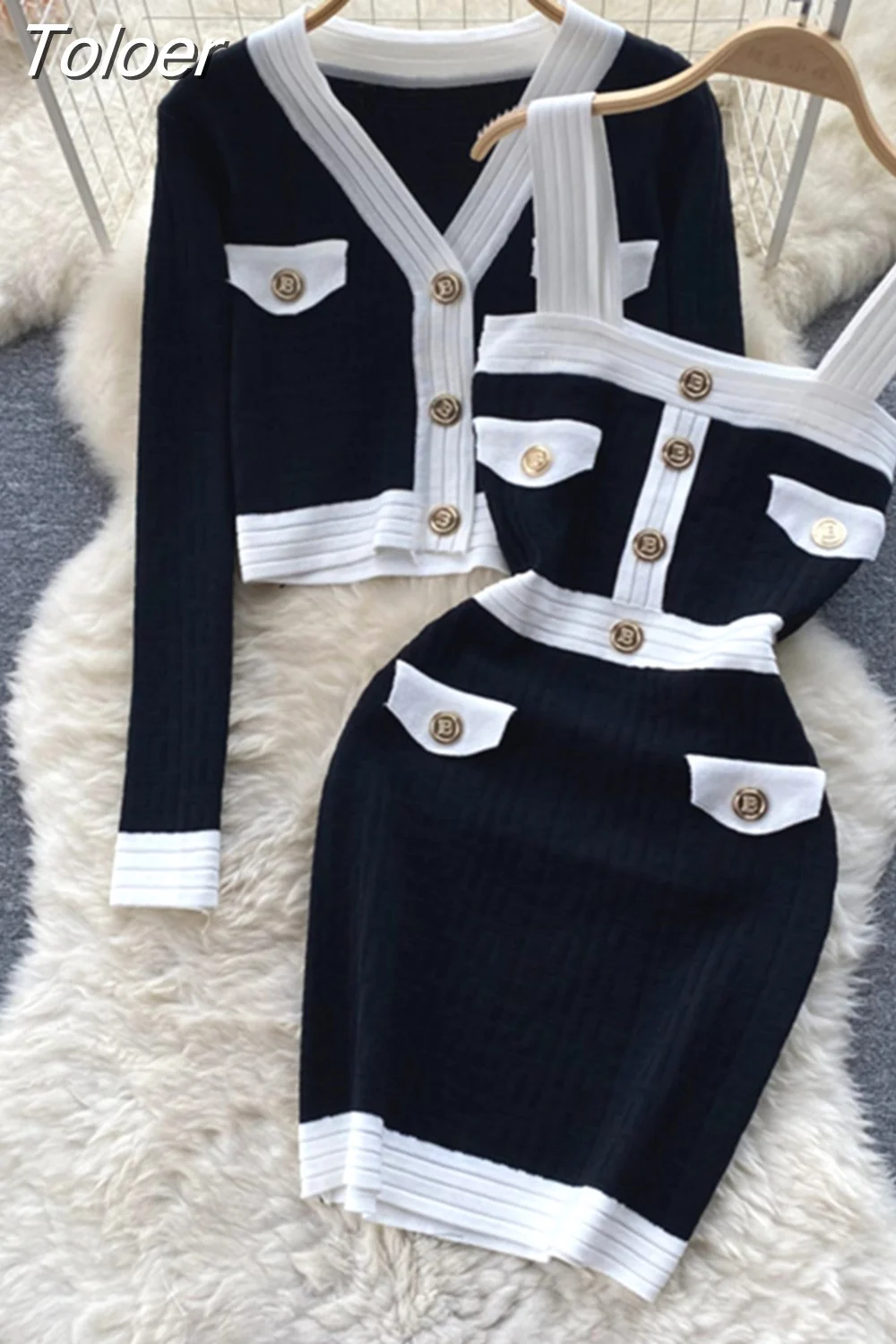 Toloer Toloer New Women's Dresses Knitwear Suits Small Fragrance Knitted Cardigan Coat + Suspender Knit Dress Streetwear Two Piece Sets 1127-0-Outfit Ideas