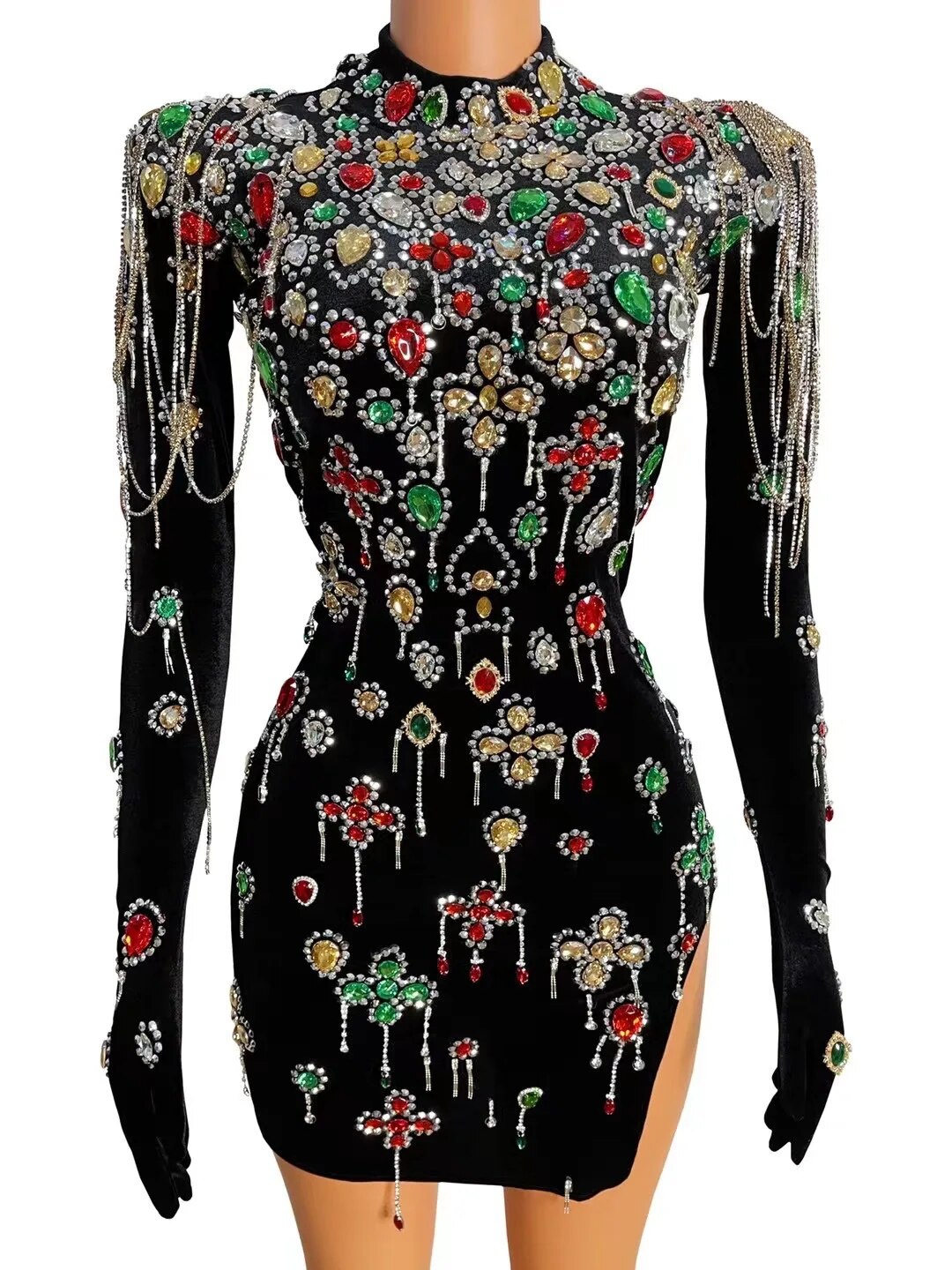 VCSHOES Crystals Turtleneck Black Velvet Dress Evening Chains Dance Costume Birthday Gloves Sleeves Dress