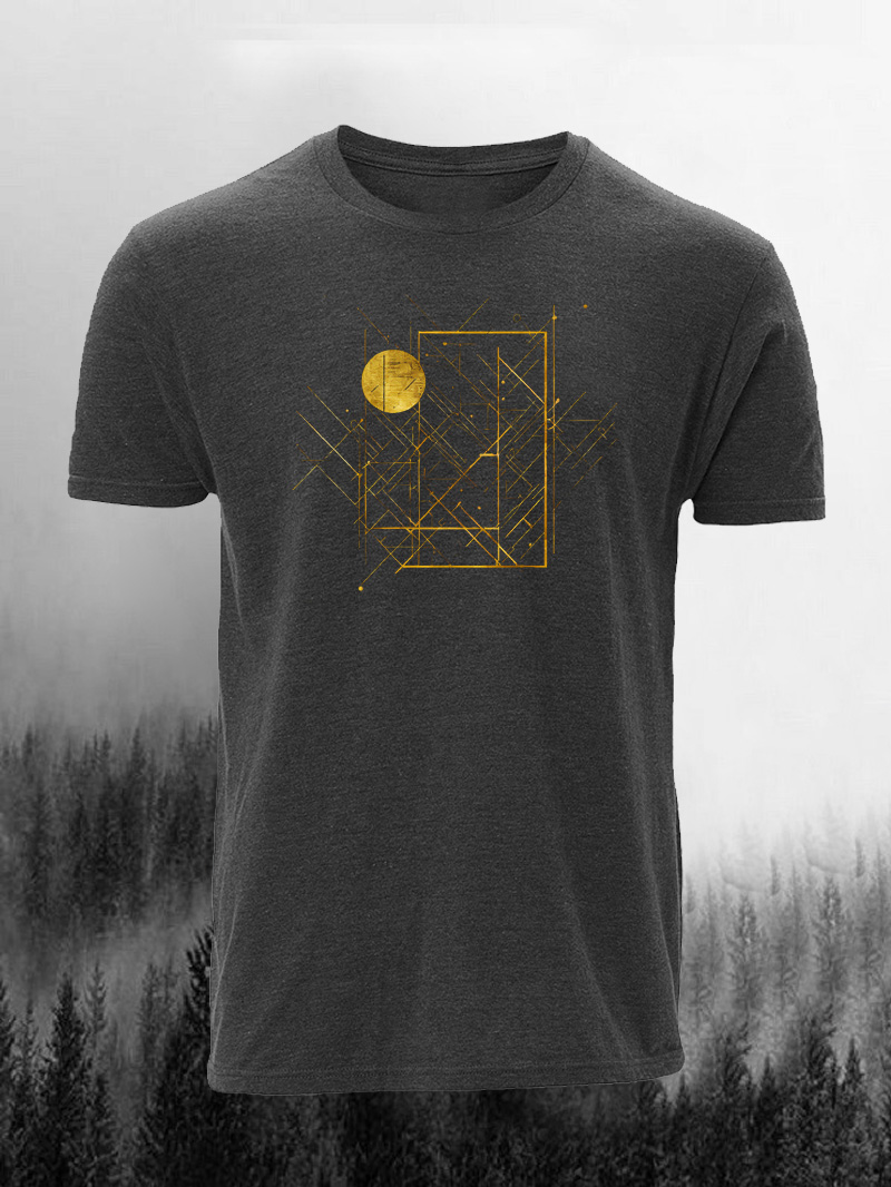 Men's Wireframe Round Gold Logo Print Casual Short Sleeve T-shirt