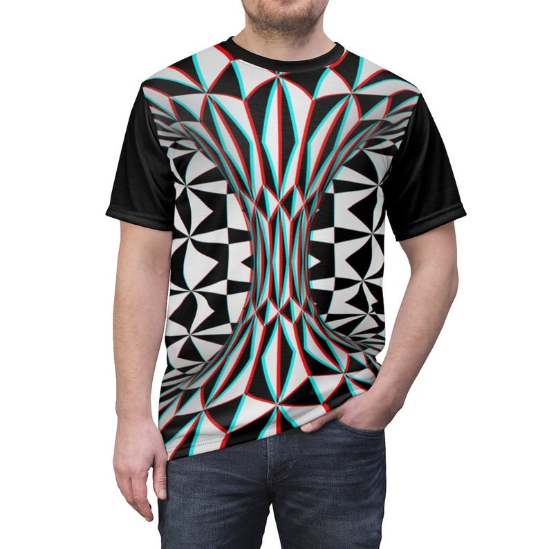 Optical Illusion Shirt Abstract 3D Stereoscopic Triangle Pattern Futuristic Clothing with FREE 3D Glasses Included* - Unisex AOP T-Shirt