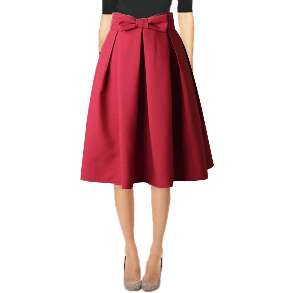 Womens 50s Vintage Skirt Knee Length High Waist Pleated Midi Bow Skirts