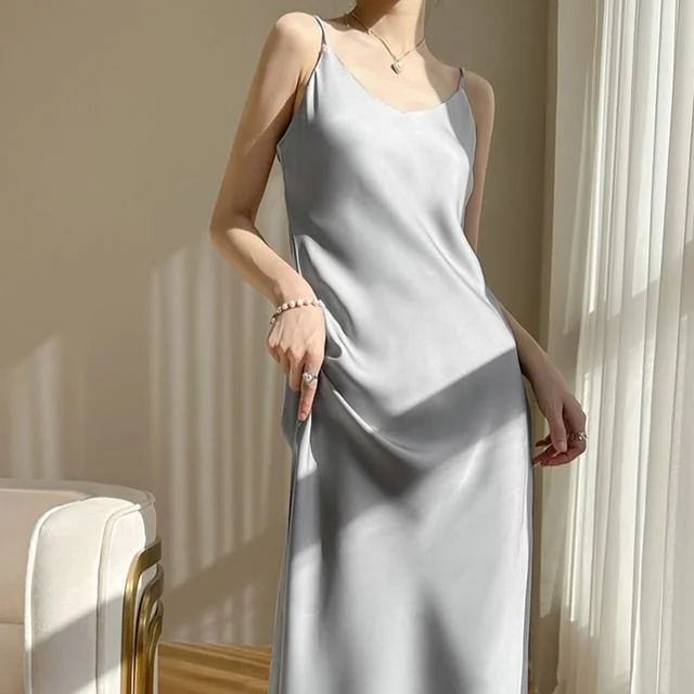 Midi Dress Satin Plain A-Line Strap V-Neck Spaghetti