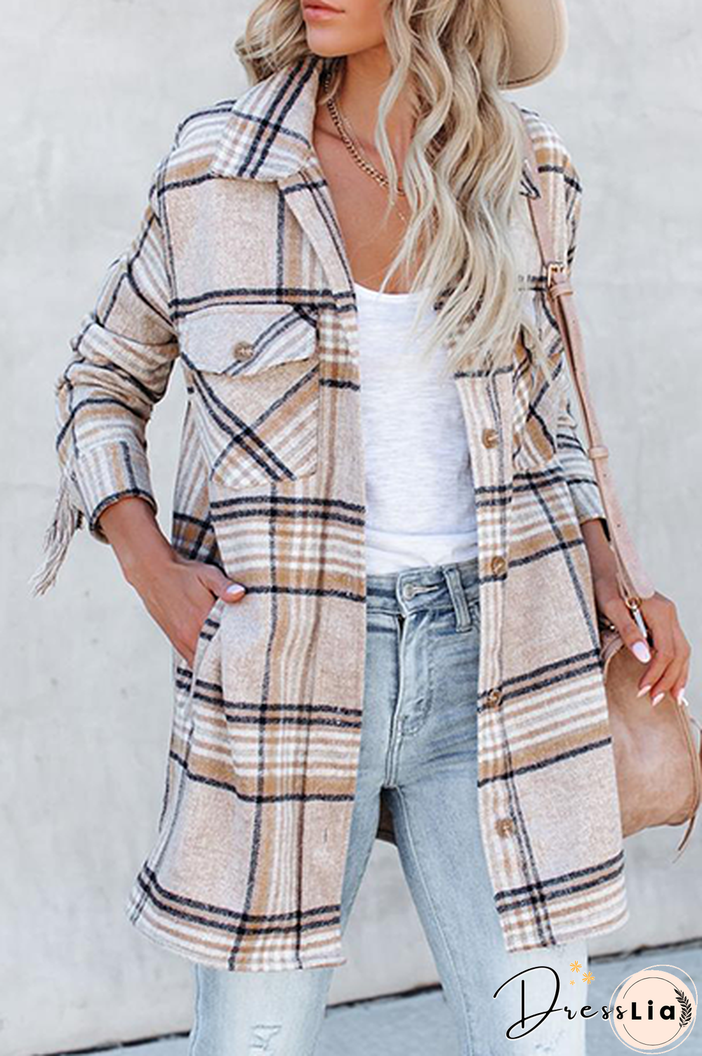 Casual Plaid Tassel Buckle Turndown Collar Outerwear