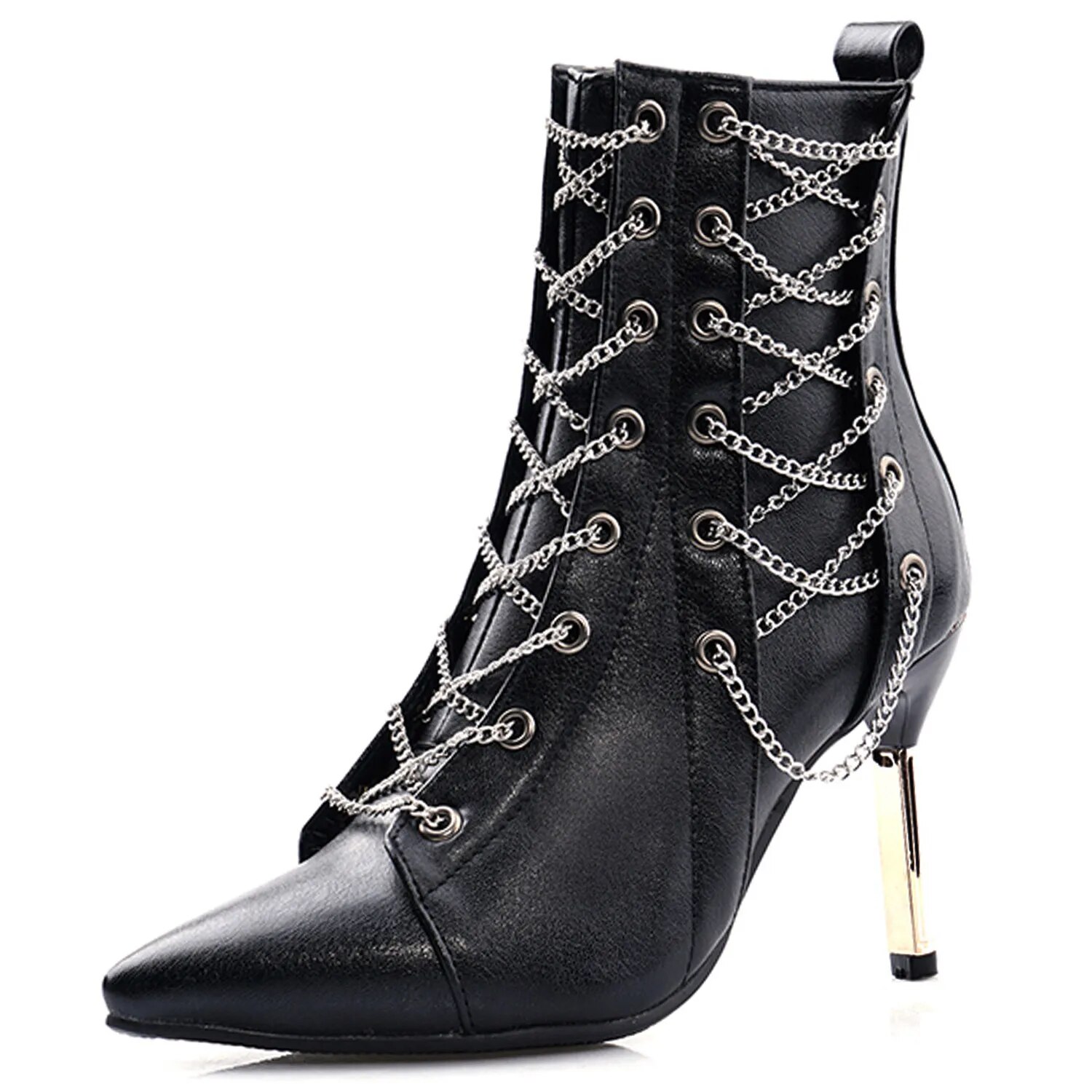 TAAFO Plus-size Black Stiletto Boots Nude Boots For Women With Pointed Ankle Boots Chain Heels