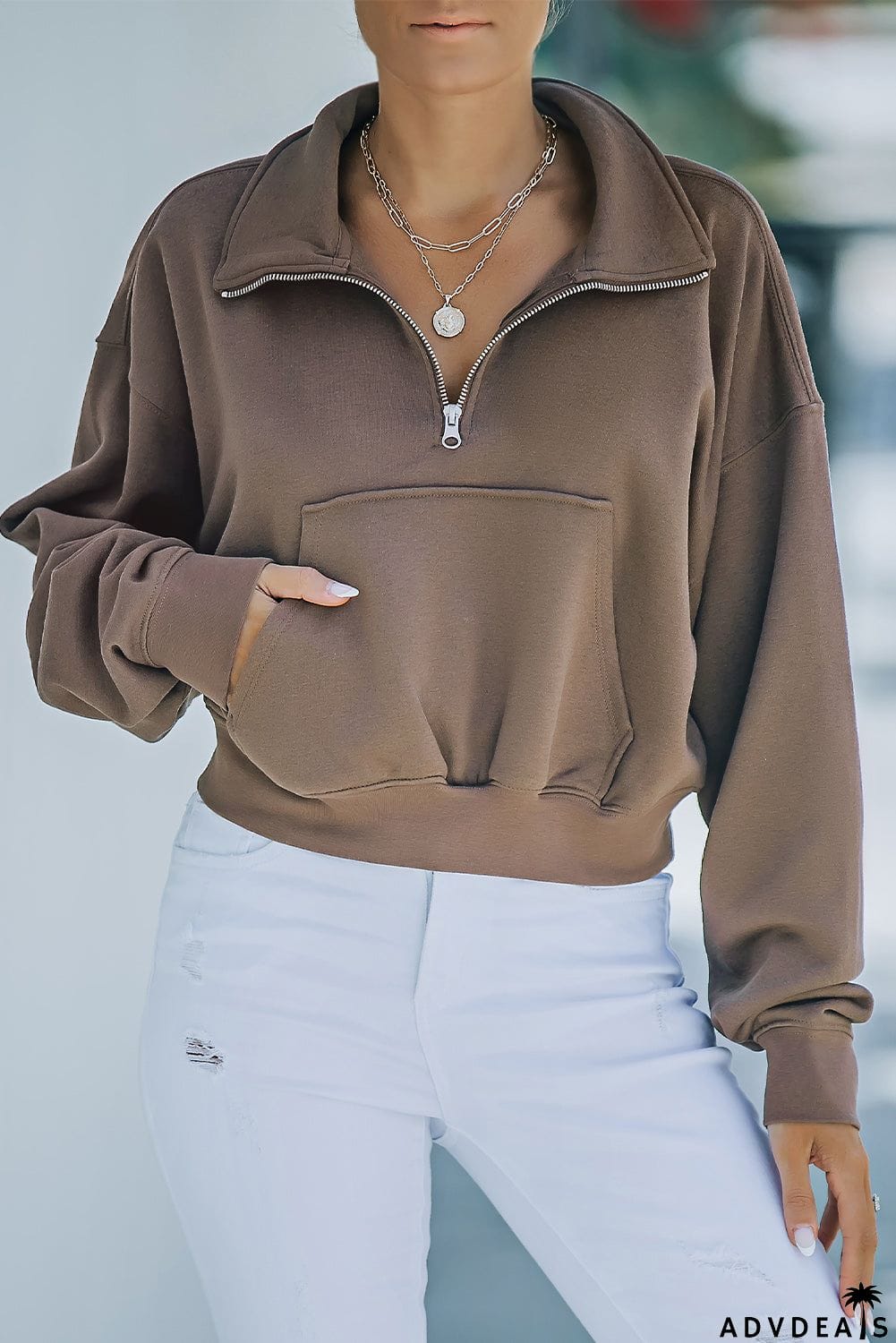 Zipped Turn Down Collar Cropped Sweatshirt with Pocket