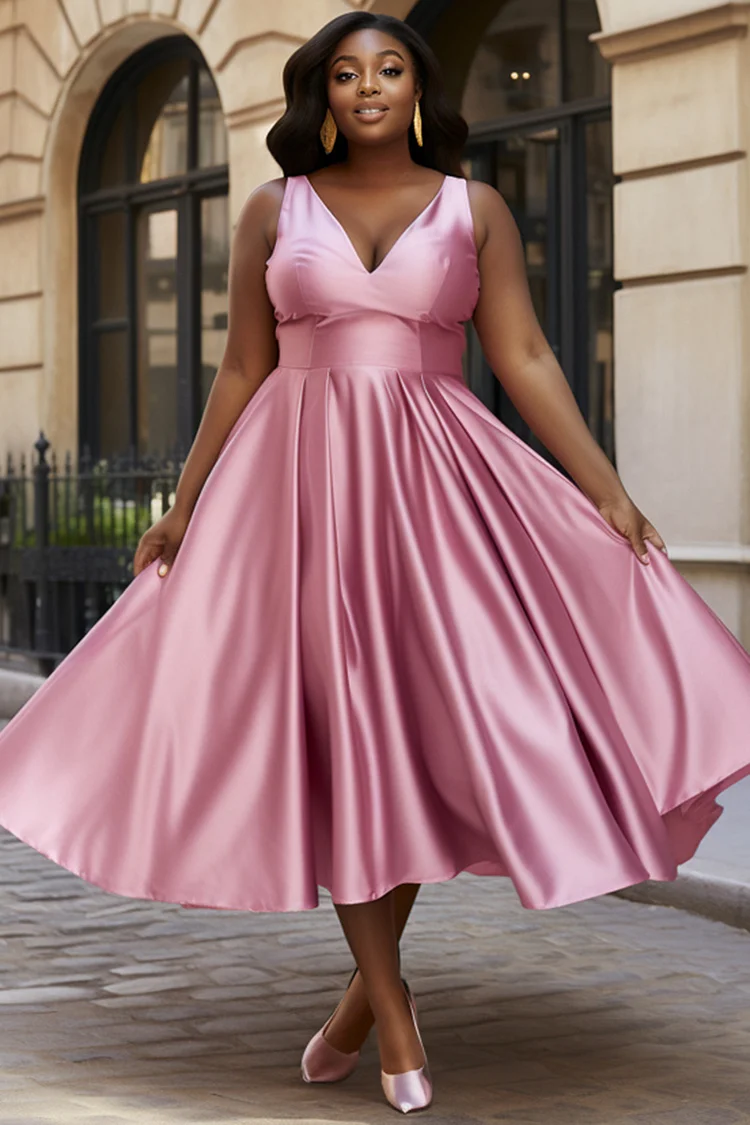 Xpluswear Design Plus Size Wedding Guest Pink Elegant V Neck Pocket Satin Midi Dresses [Pre-Order] 2024 - Xpluswear
