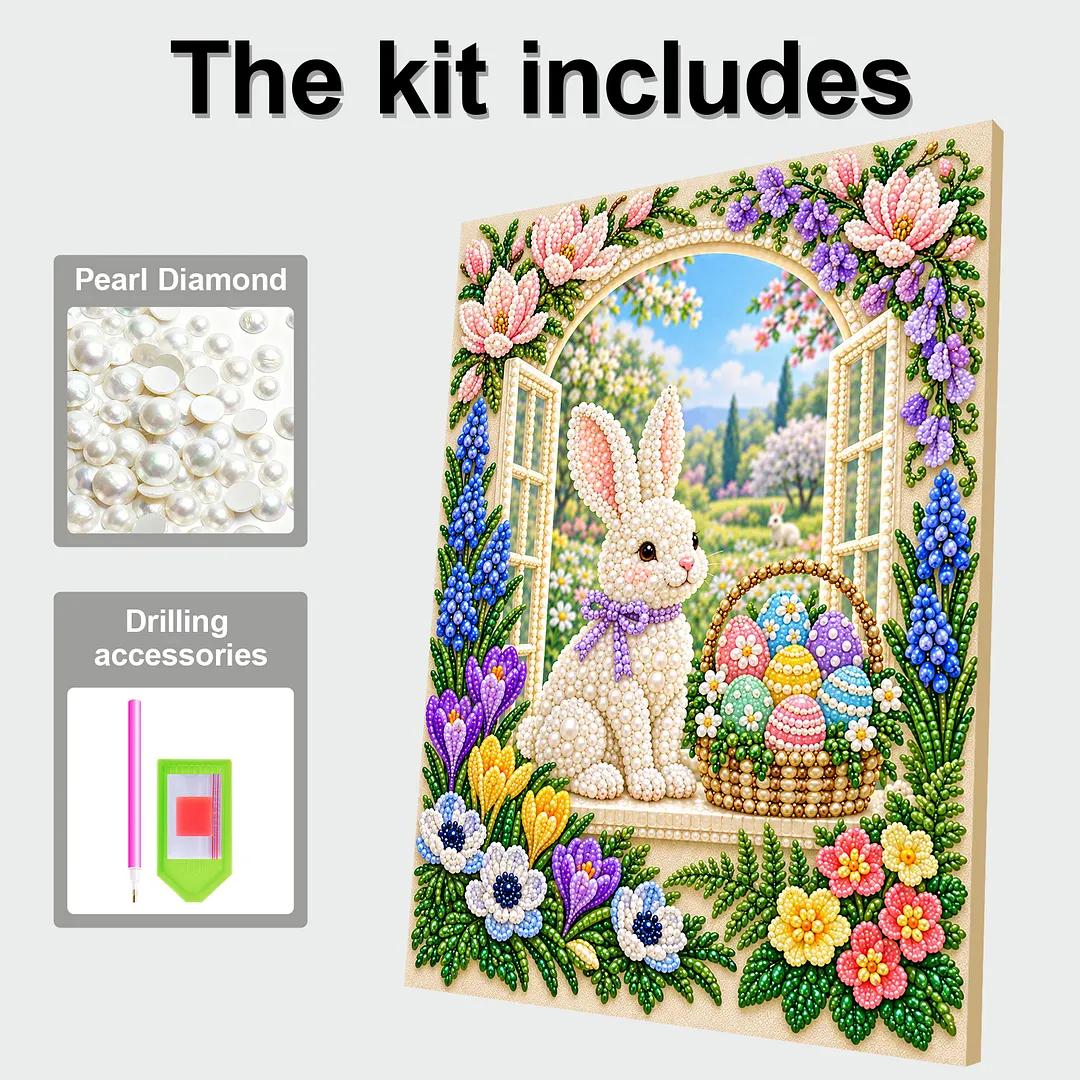 Pearl Painting Kit for Adults Easter Bunny Home Decor Framed 11.81x15.75in