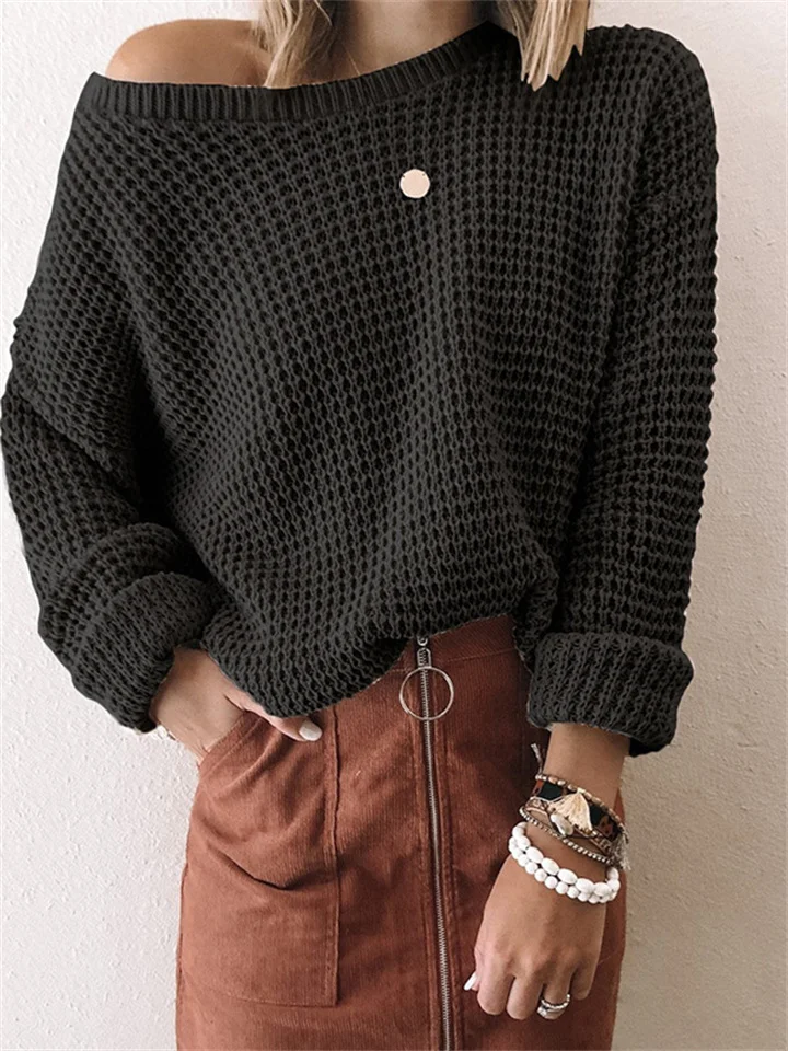 Solid Color Round Neck Vintage Knitting Pullover Sweater