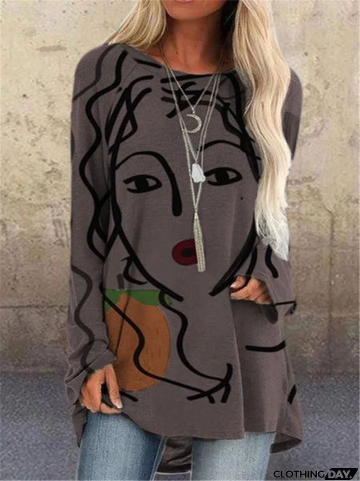 Oversized Round Neck Long Sleeve Face Printed Pullover Tops