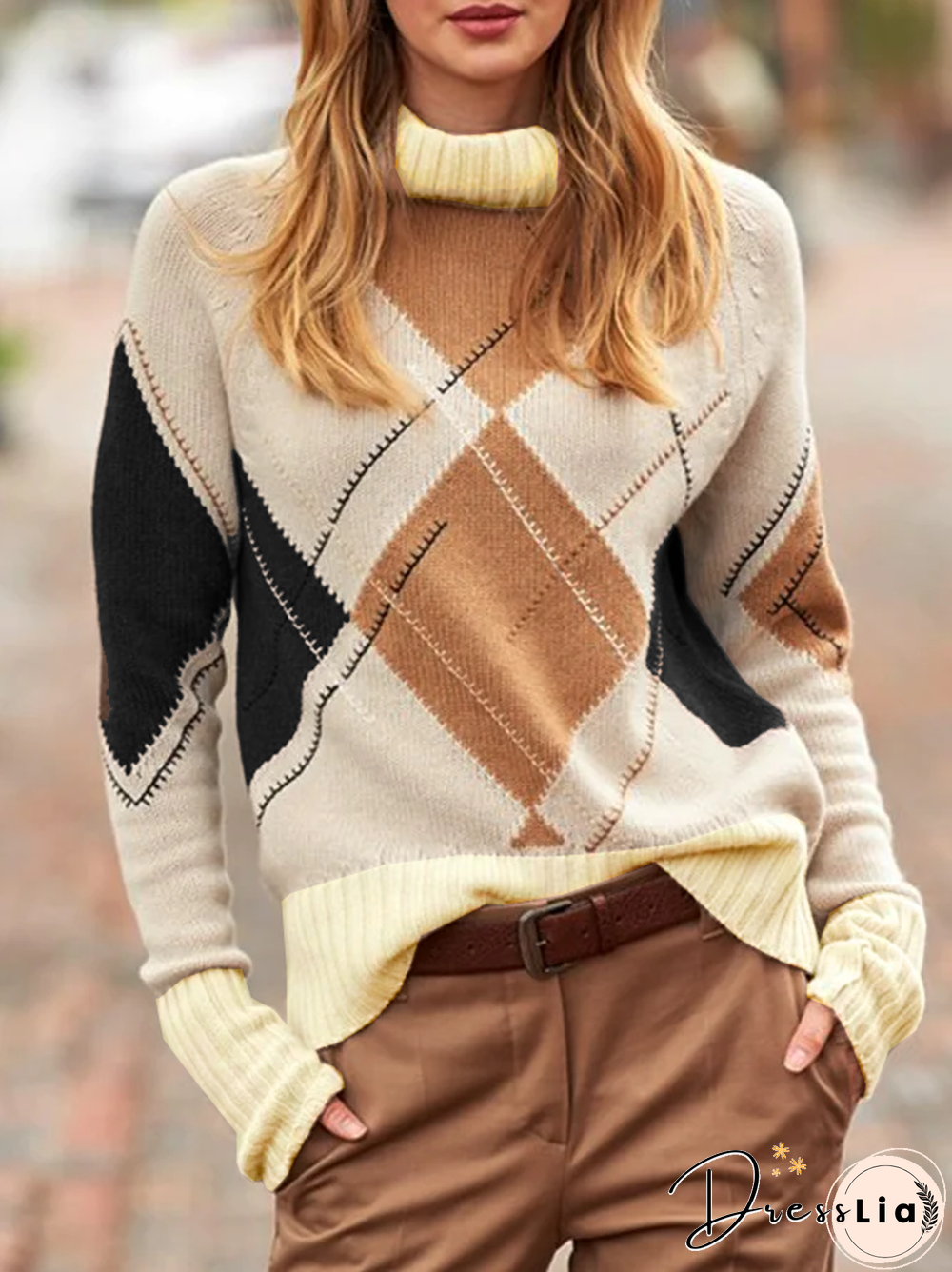 Beige Cotton-Blend Geometric Long Sleeve Sweater
