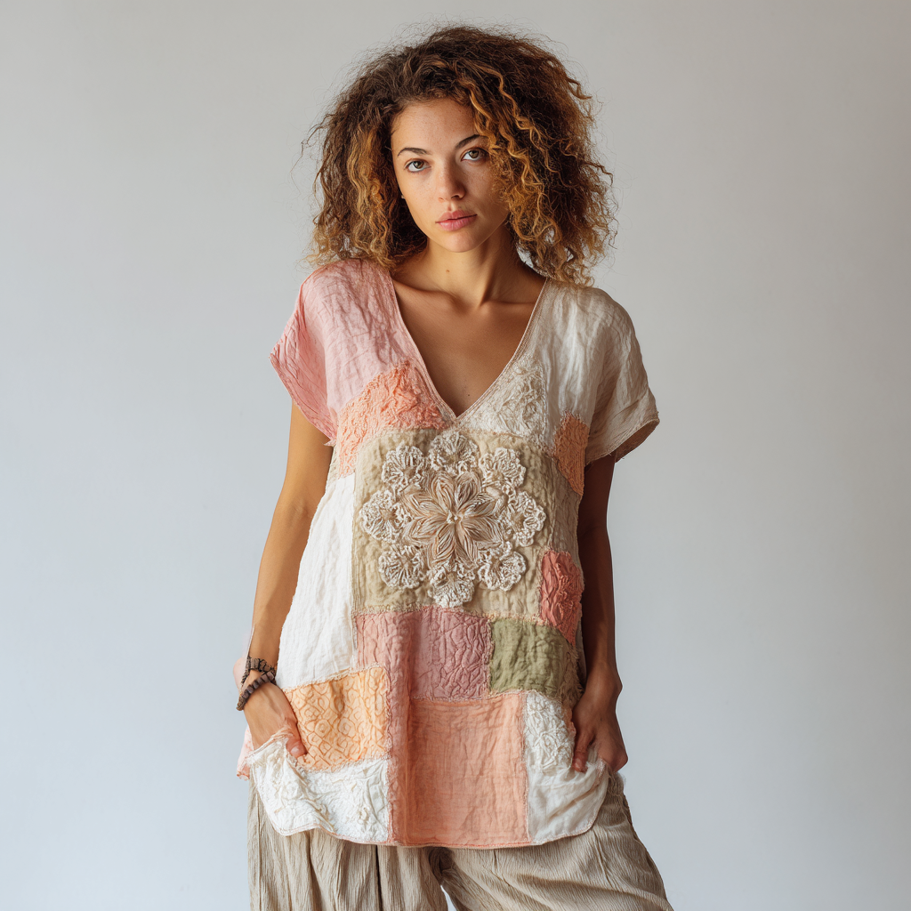 Women's Retro Floral Art Stitching Short Sleeve T-shirt