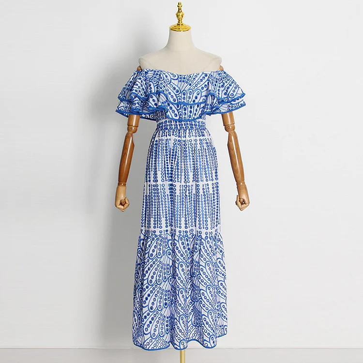 Double Ruffle Embroidery Hollow Out Dress