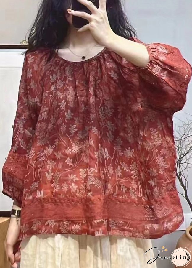 Loose Red Print Hollow Out Cotton Tops Long Sleeve