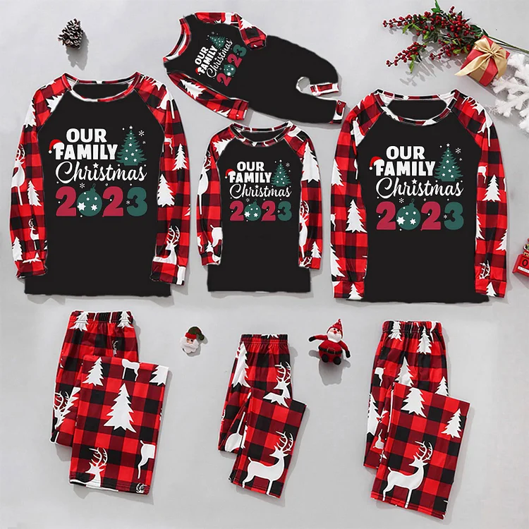 Our Family Christmas 2023 Letter Print Holiday Matching Pajamas Set(Black)
