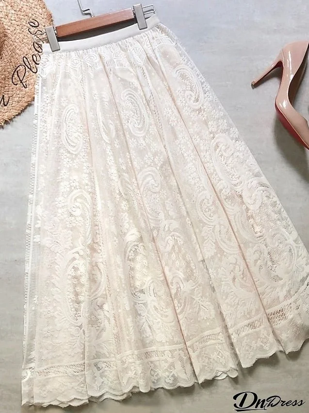 Women's Swing Long Skirt Midi Organza Black Beige Skirts Summer Lace Ruffle Lined Streetwear Basic Summer Date Weekend