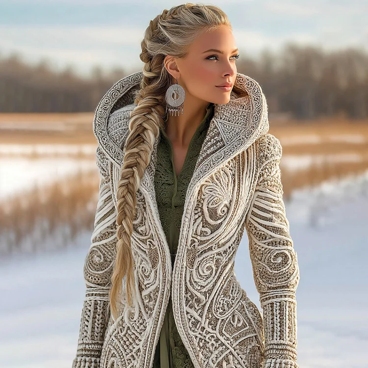 Women's Vintage Viking Celtic Knit Cozy Zipper Sweater Jacket