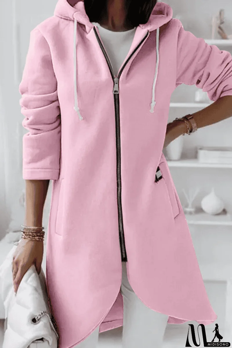 MidiSono - Casual Solid Draw String Zipper Hooded Collar Outerwear(8 Colors)