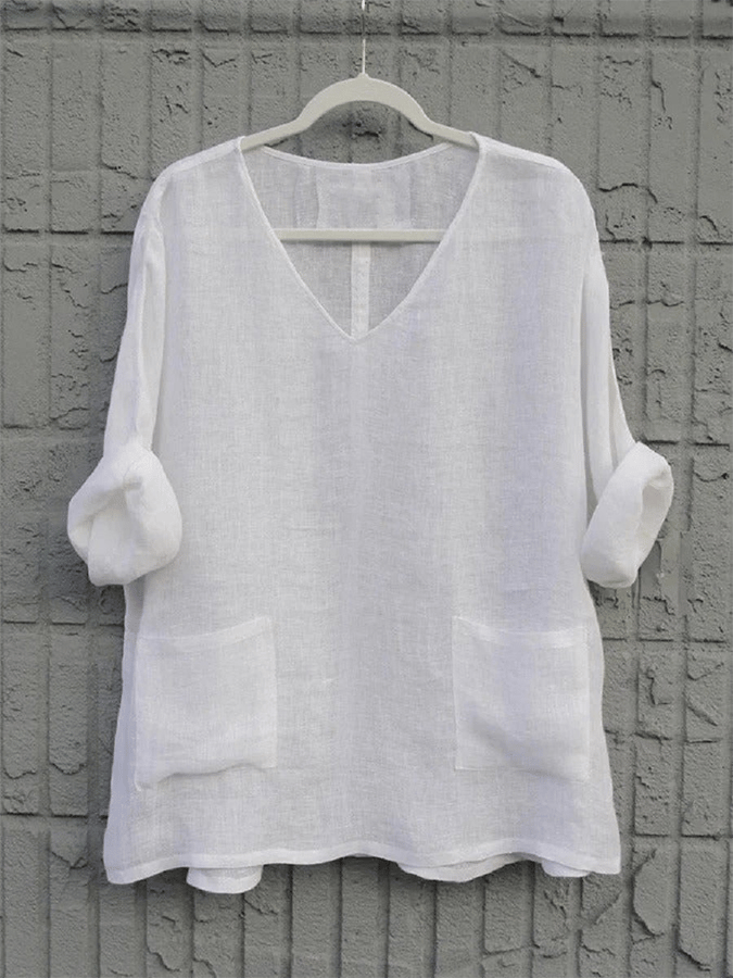 Women's Solid Color Simple V-Neck Pocket Casual Shirt