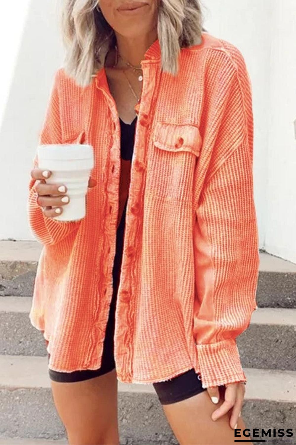 Batwing Sleeve Button Front Waffle Knit Shacket | EGEMISS