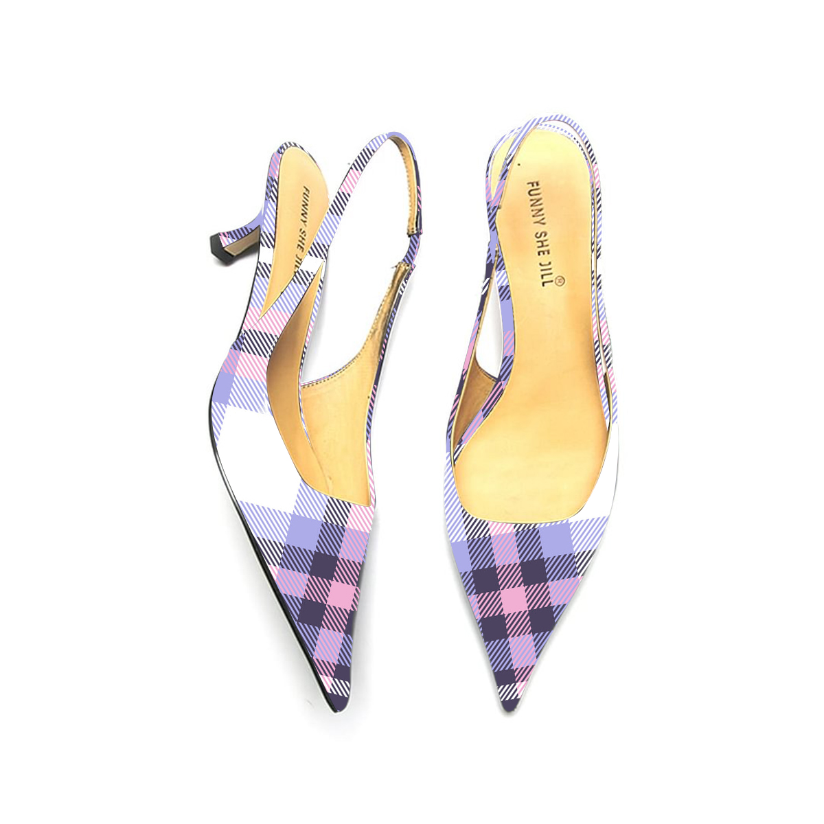 Purple Plaid Pointed Toe Kitten Heel Slingback Pumps Nicepairs