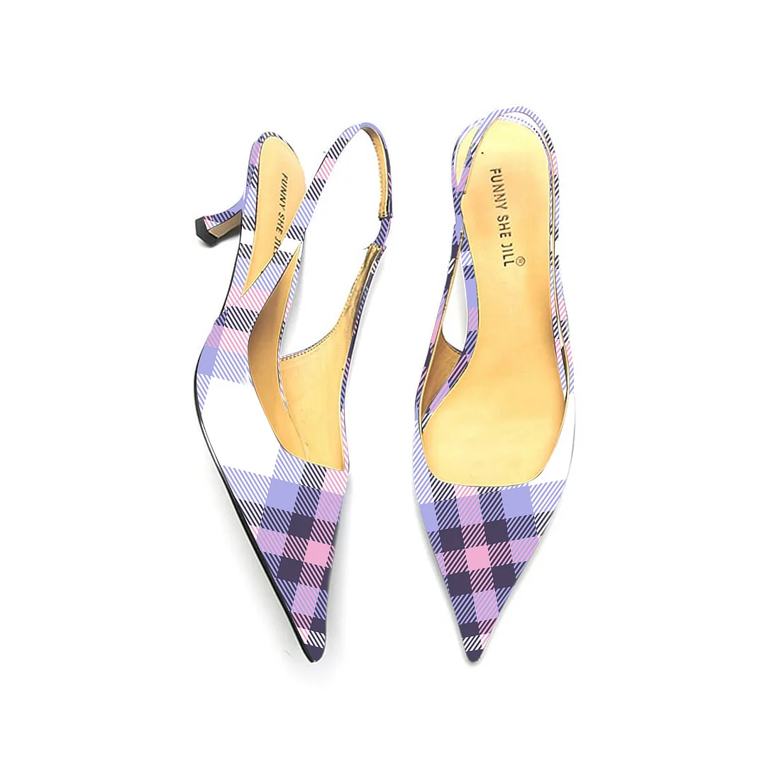 Women's Purple Plaid Patent Leather Pointed Toe Elegant Kitten Heel Slingback Dress Pump Shoes