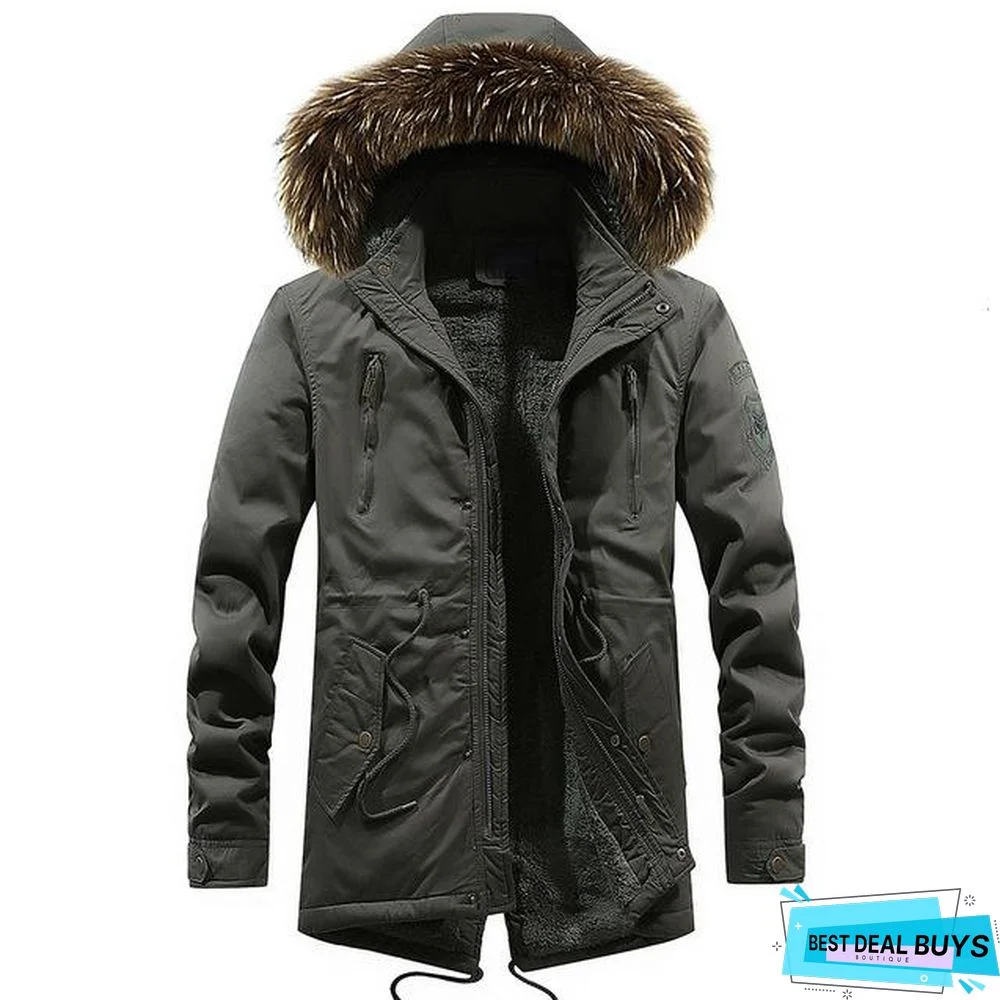 Men Long Casual Thick Warm Fleece Jacket Parkas Men Outfit Fashion Fur Collar Hooded 100% Cotton Coat Parkas