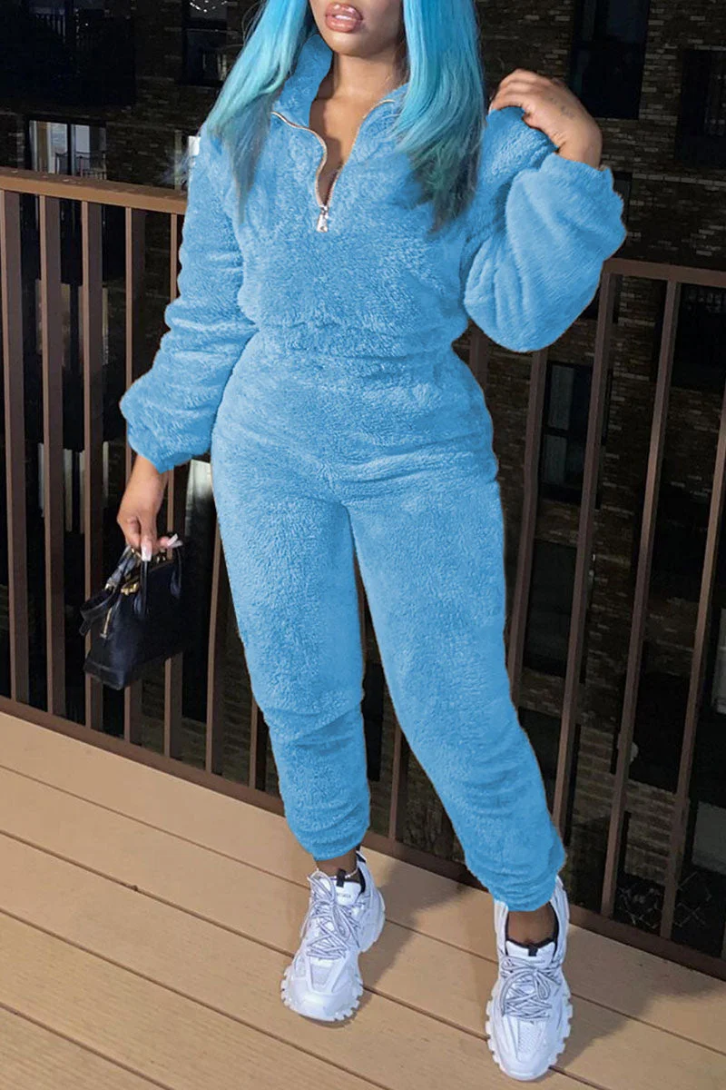 Casual Solid Patchwork Zipper Collar Long Sleeve Two Pieces