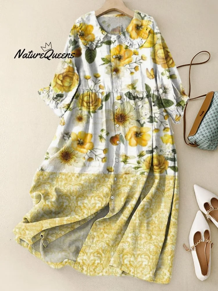 Women‘s Lovely Floral Pattern Art Print Peter Pan Collar Cotton Dress