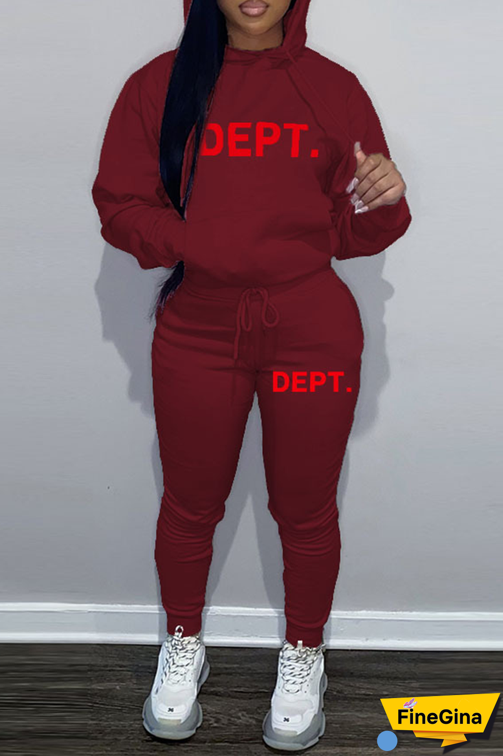 Brown Street Vintage Print Draw String Letter Hooded Collar Long Sleeve Two Pieces