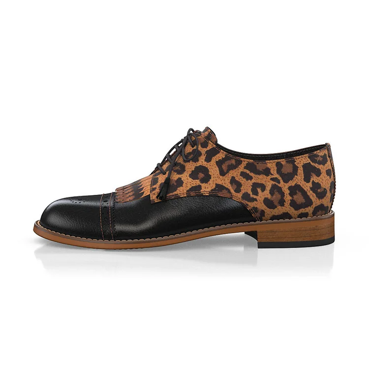 Brown & Black Leopard Print Fringe Lace-up Oxford Shoes for Women |FSJ Shoes
