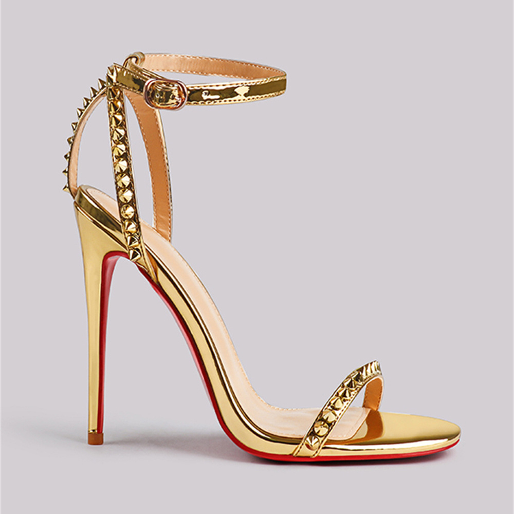 120mm Women's Sandals Stiletto Red Bottom High Heels Open Toe Ankle Strap Rivet Studs Shoes-MERUMOTE