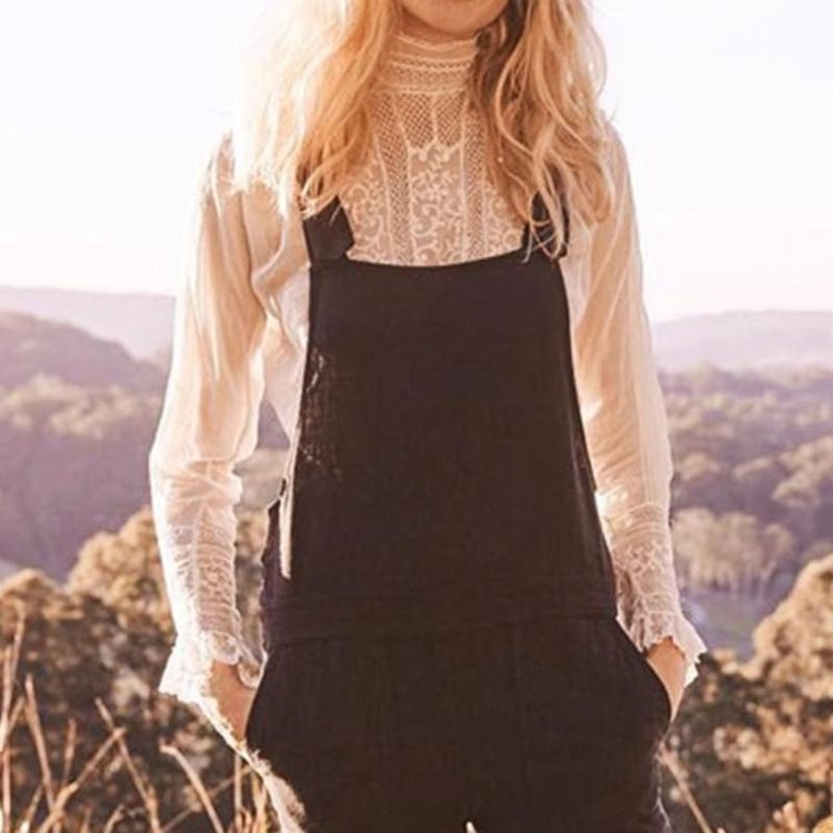 Retro solid color shorts strappy pants jumpsuit